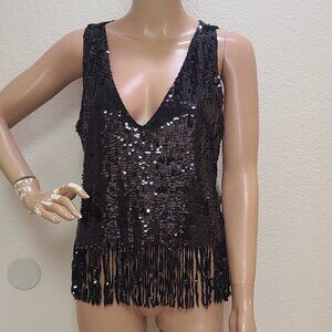 NEW NWT! VENUS SEQUINED TANK TOP FRINGED HEM FORMAL BLACK TIE COCKTAIL sz S